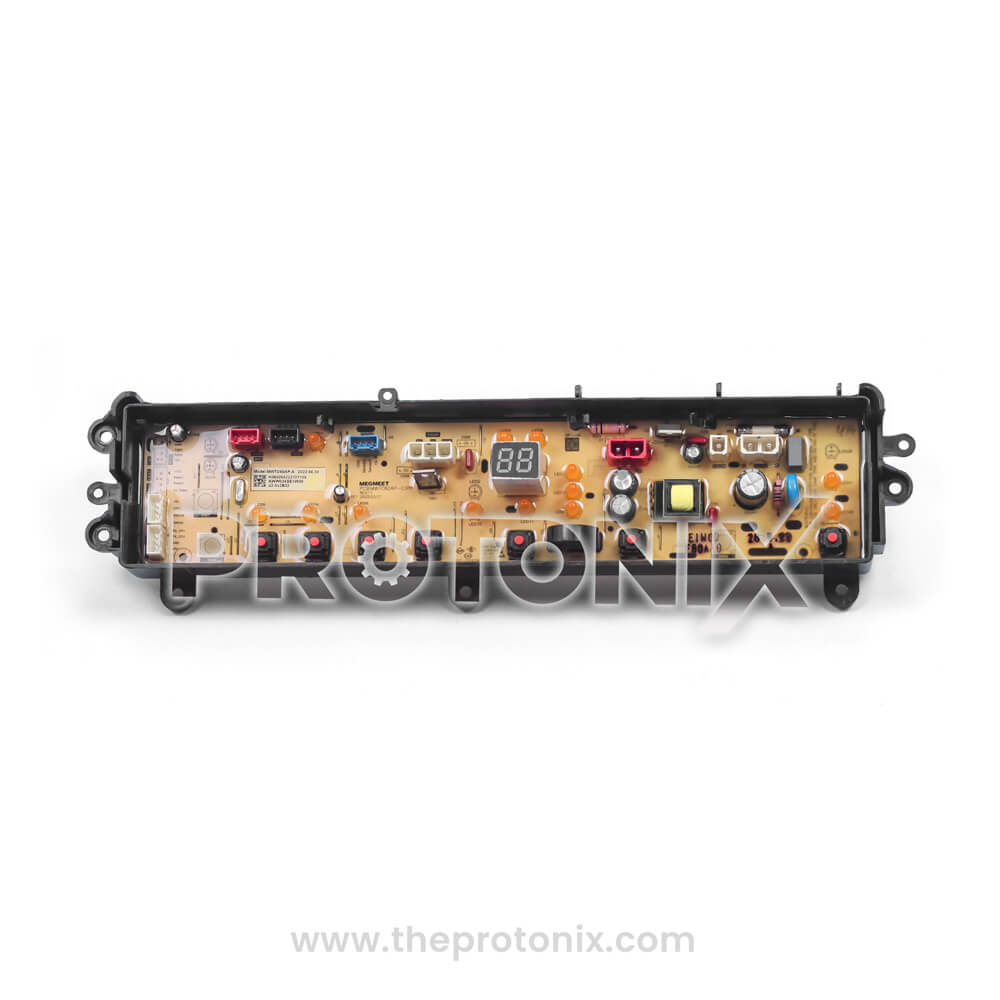 Front view of Panasonic top-load 7-button PCB highlighting connectors and relay section