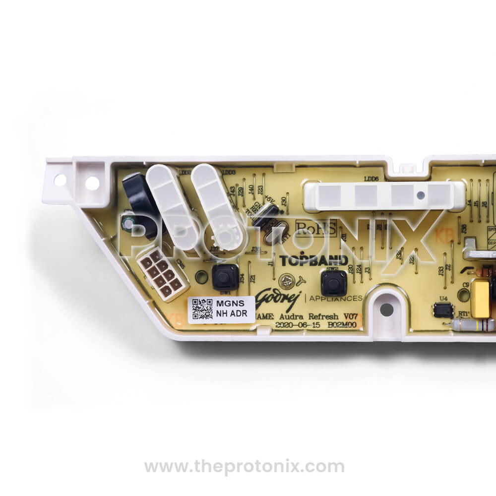 Half close-up of Godrej top-load 5-button PCB with connector and yellow board