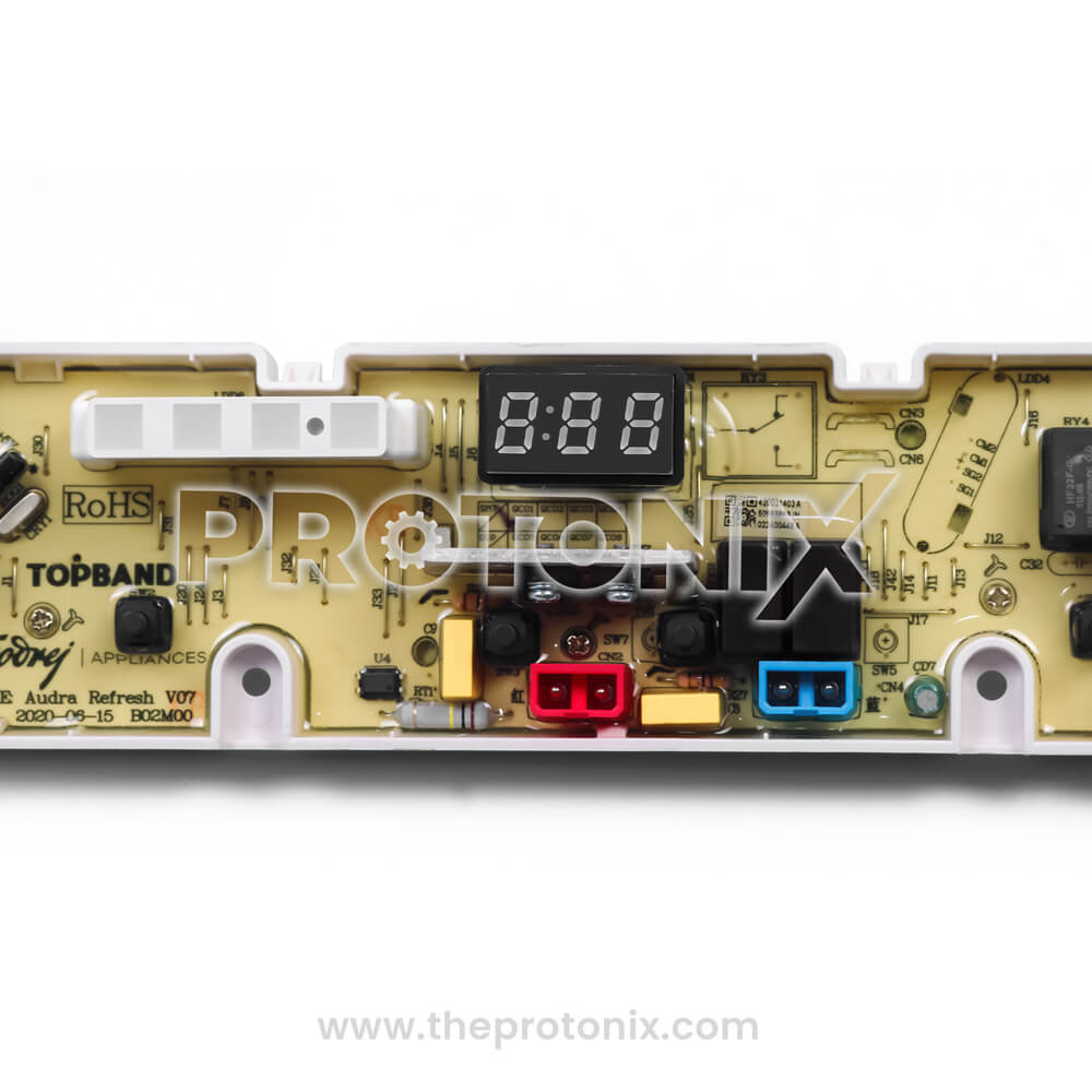 Center close-up of Godrej top-load 5-button PCB showing digital display and strong build