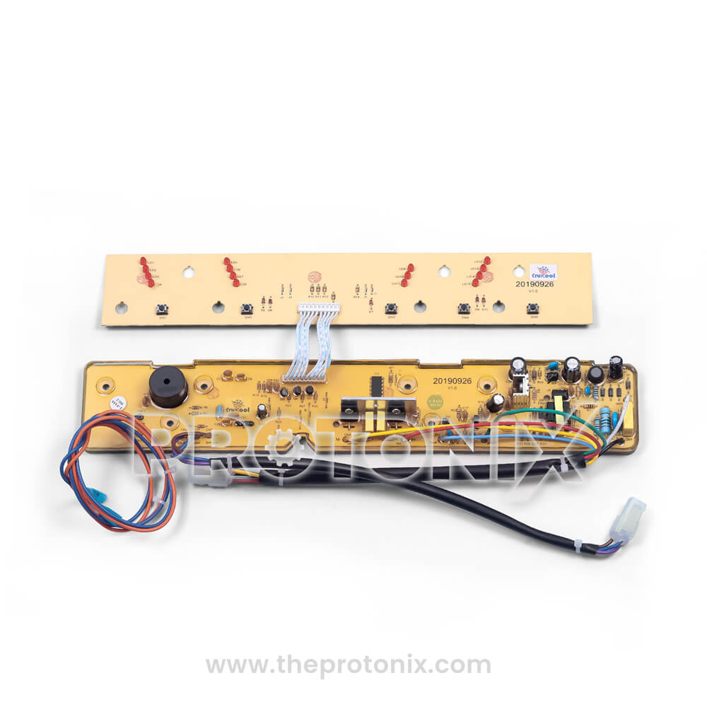 Front view of Whirlpool 6th Sense top-load PCB highlighting wiring harness, relay section, and LED display connector