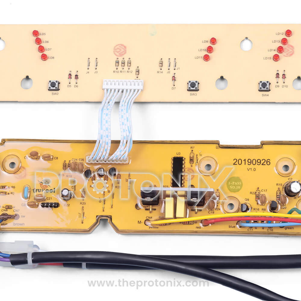Center close-up of Whirlpool 6th Sense top-load PCB fitted with coded wires for easy installation