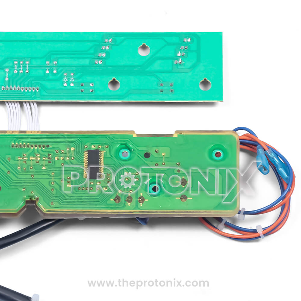 Whirlpool 6th Sense top-load PCB with soldered tracks and colored wires with blue connectors