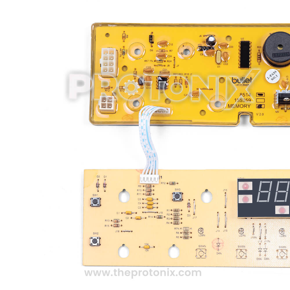 Half close-up of Whirlpool H-80 top-load 7-button PCB with strong build of yellow board and codes