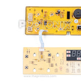 Half close-up of Whirlpool H-80 top-load 7-button PCB with strong build of yellow board and codes