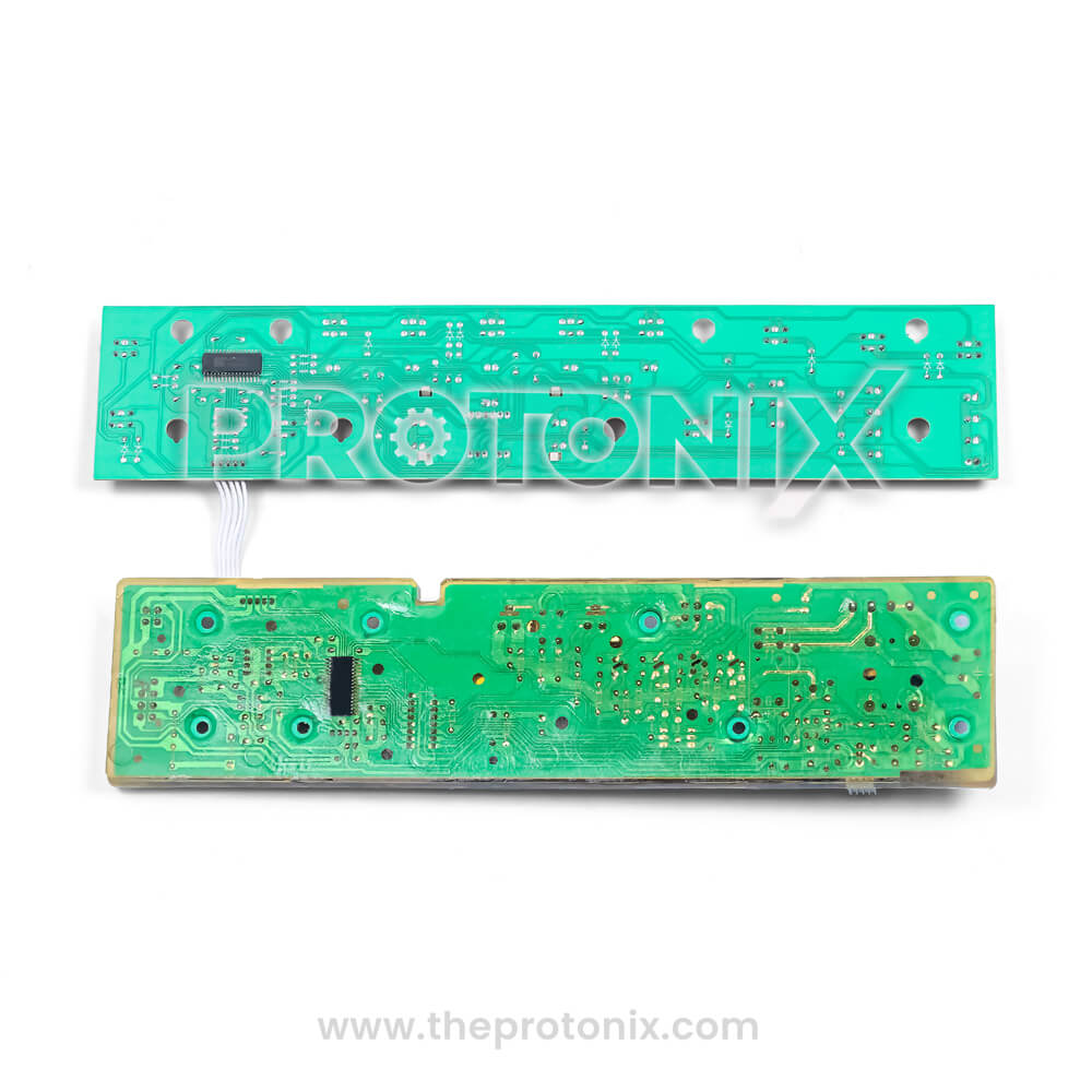 Back profile of Whirlpool H-80 top-load 7-button PCB (8514) showing printed electronic pathways on green board