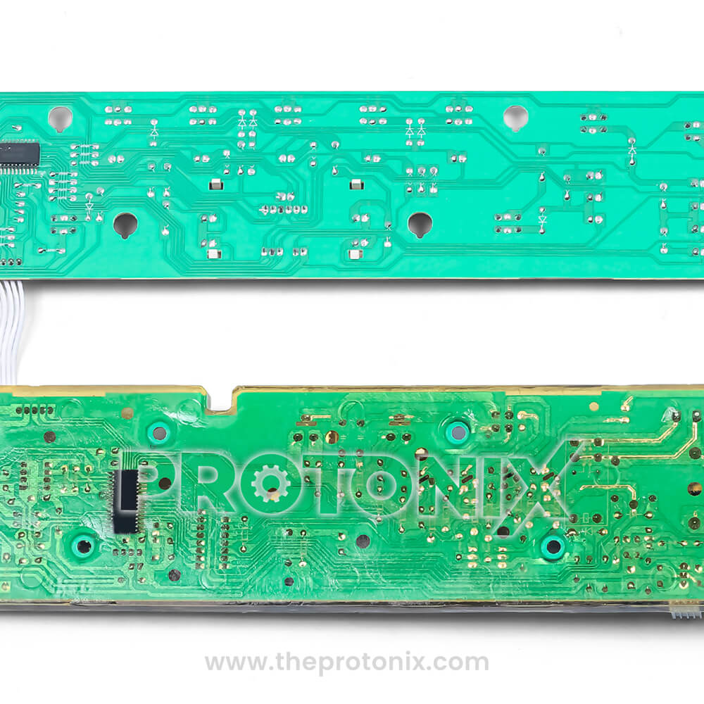 Center close-up of Whirlpool H-80 top-load 7-button PCB (8514) with green board base and printed circuit tracks