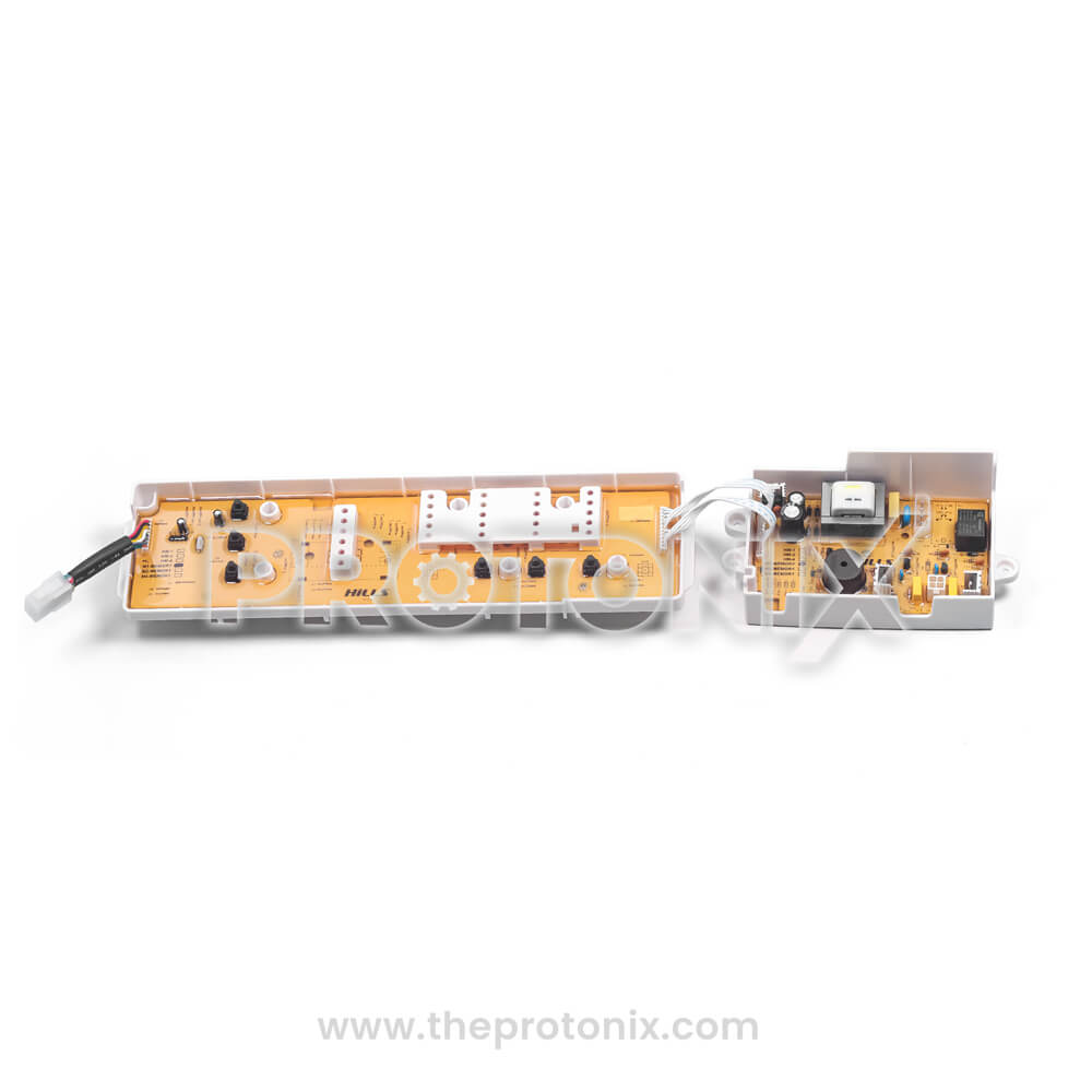 Front view of Whirlpool top-load 123 6-button PCB (M1 memory) highlighting two connected PCBs with ribbon cable