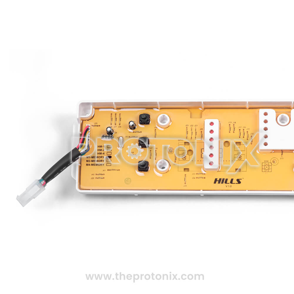 Close-up of Whirlpool top-load 123 6-button PCB (M1 memory) with strong yellow board and buttons
