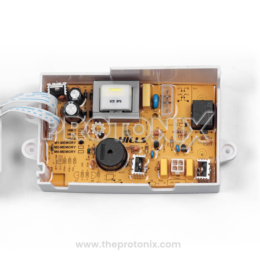 Top-view of half Whirlpool top-load 123 6-button PCB showing fuse, transformer, and relay arrangement