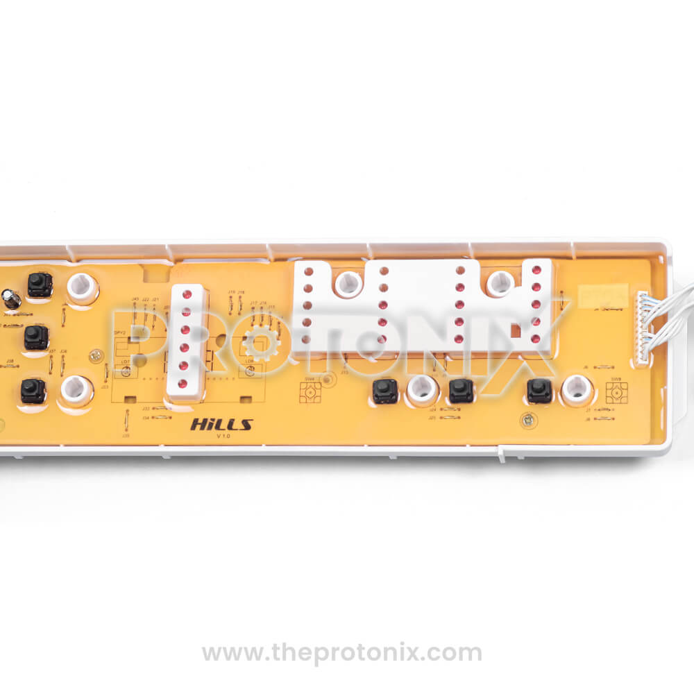 Whirlpool top-load 123 6-button PCB (M1 Memory) front view showing push buttons, connector ports, and ribbon cable joint