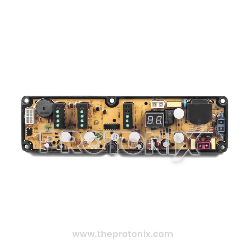 Front view of Godrej top-load 5-button PCB (2-digit display)with circuit board and electronic parts