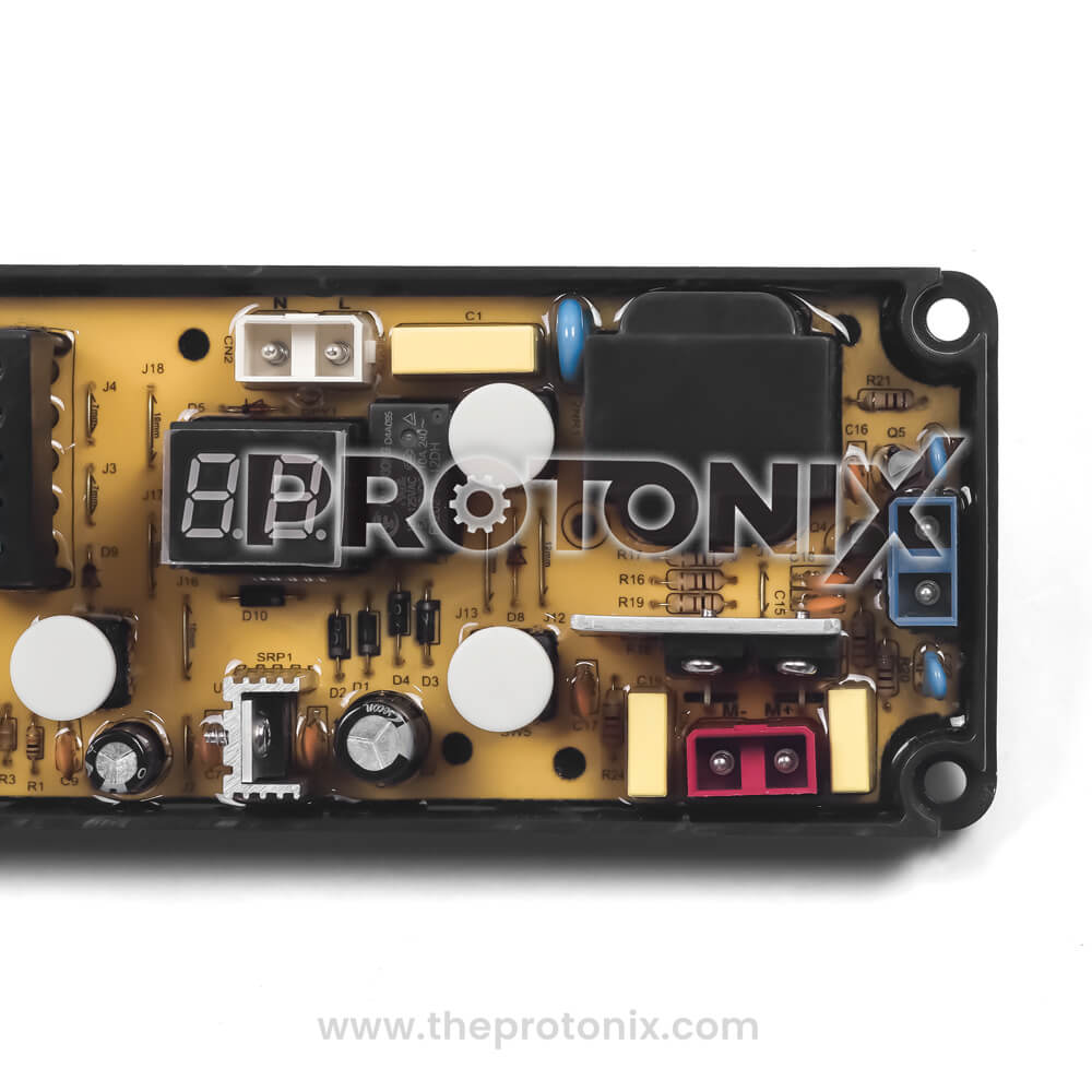 Godrej top-load 5-button PCB (2-digit display) strong relays, ICs, connectors, and display module on yellow board