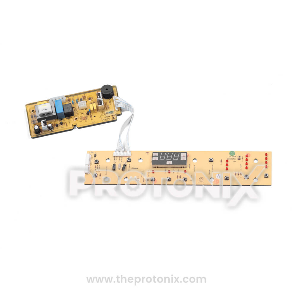 Front view of Whirlpool 360 top-load 10-button PCB (147054) with two connected PCBs joined by a flat ribbon cable