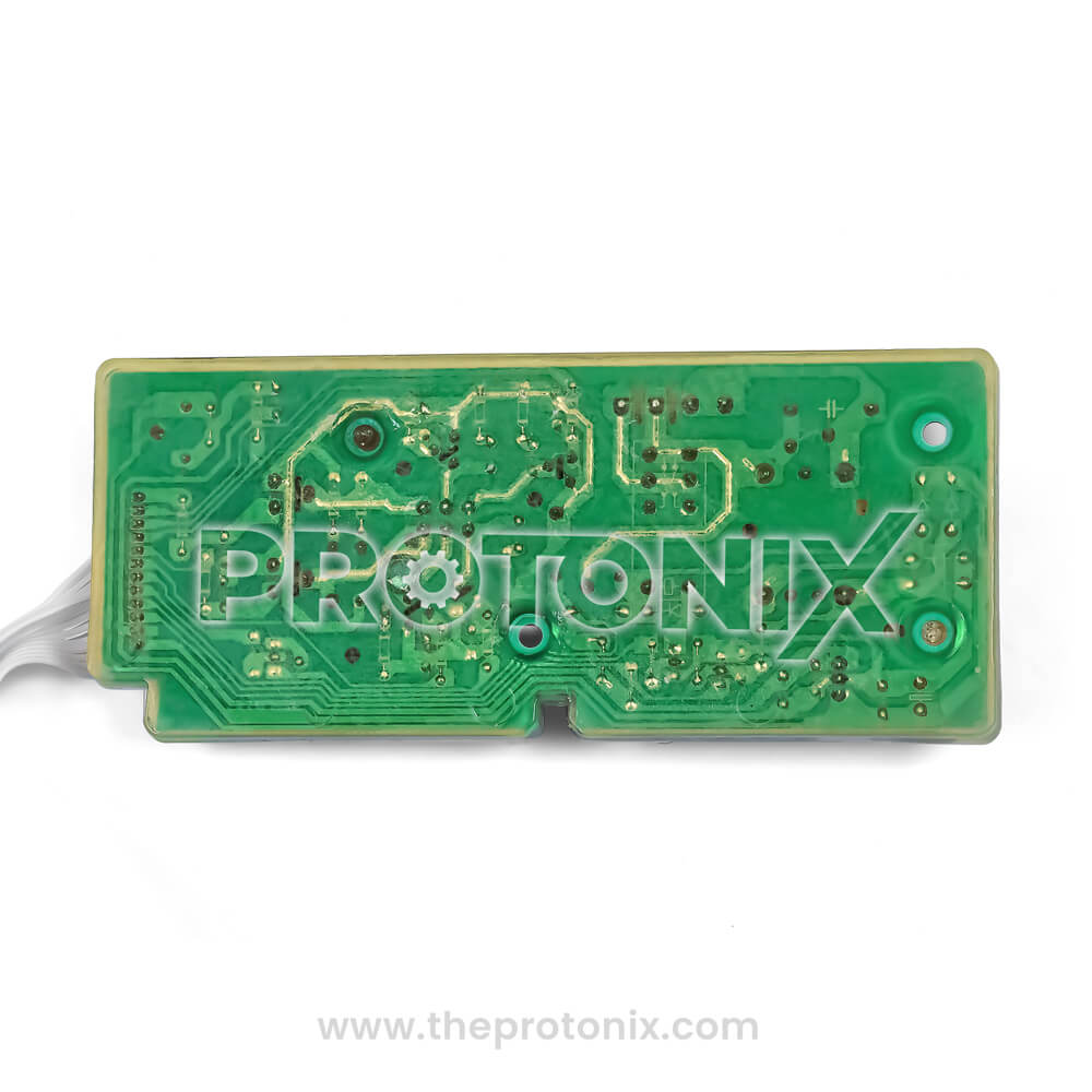 Green board of Whirlpool 360 top-load 10-button PCB (147054) with holes and ribbon cable