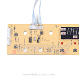 Half close-up of Whirlpool 360 top-load 10-button PCB (147054) showing buttons on yellow board