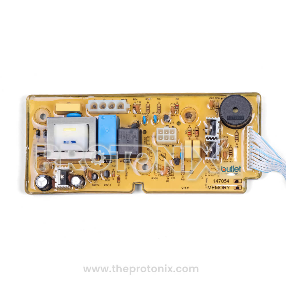 Zoom view of Whirlpool 360 top-load 10-button PCB (147054) highlighting blue relay, white fuse, and black buzzer module