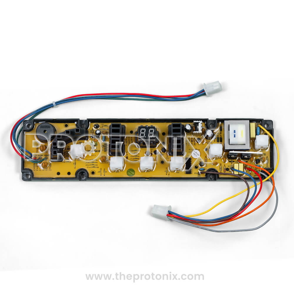 Front profile of Videocon top-load 6-button PCB (1200056638) showing colored wires