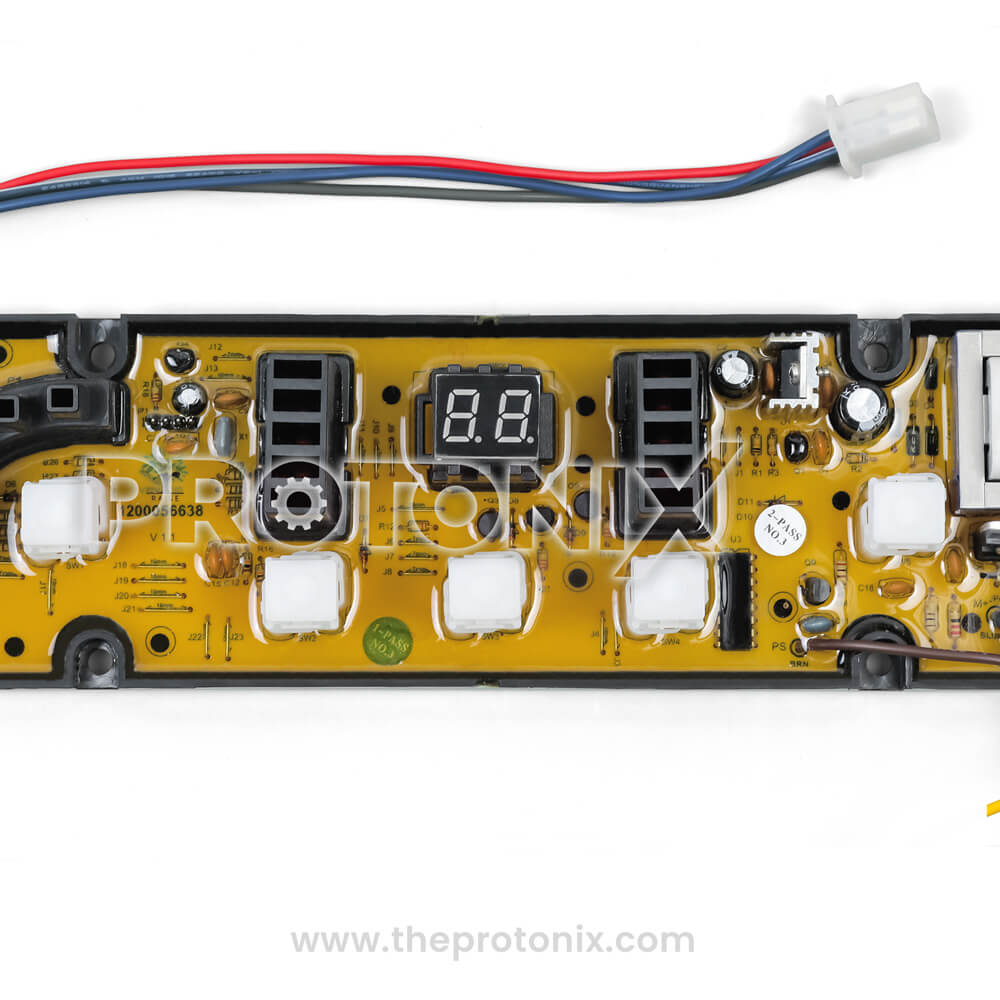 Top angle view of Videocon top-load 6-button PCB (1200056638) circuit board