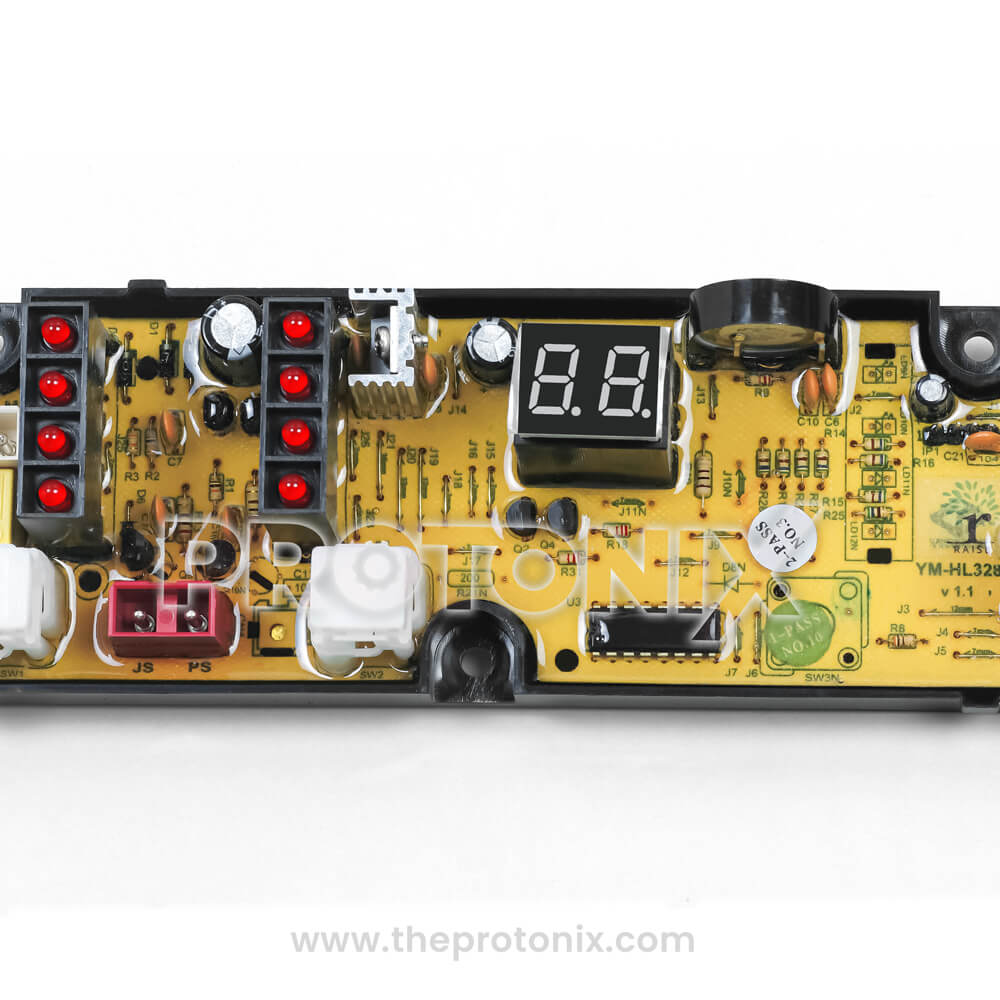 Close up view of 4-button PCB for top-load washing machine (YM-HL328) electronic board