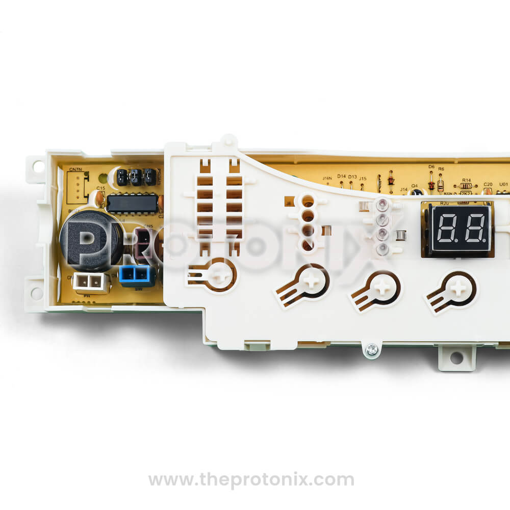 Half close-up of Haier top-load 4-button PCB (YM-IND06) control board