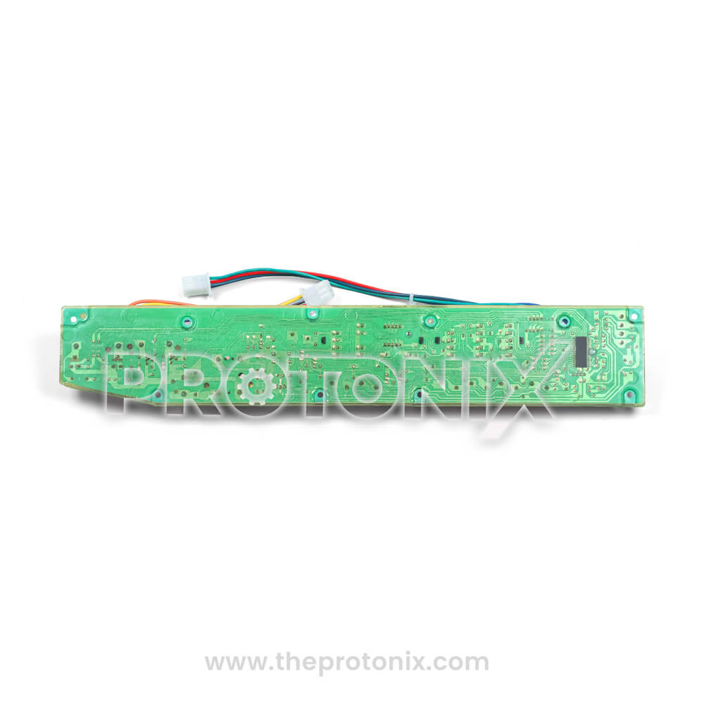 Back profile of Videocon top-load 7-button PCB (7SEGU225) showing green circuit and connector wires