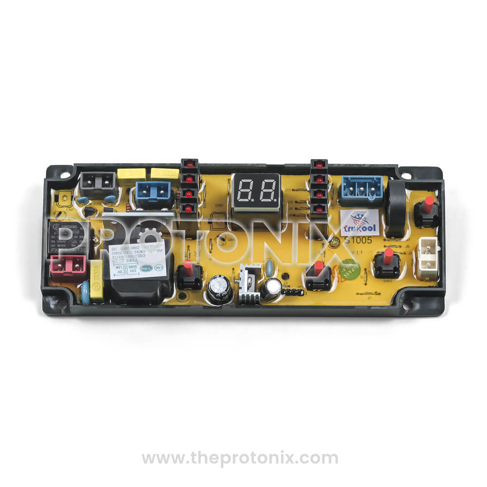 Front view of Voltas top-load 4-button PCB (S1005) used in washing machines