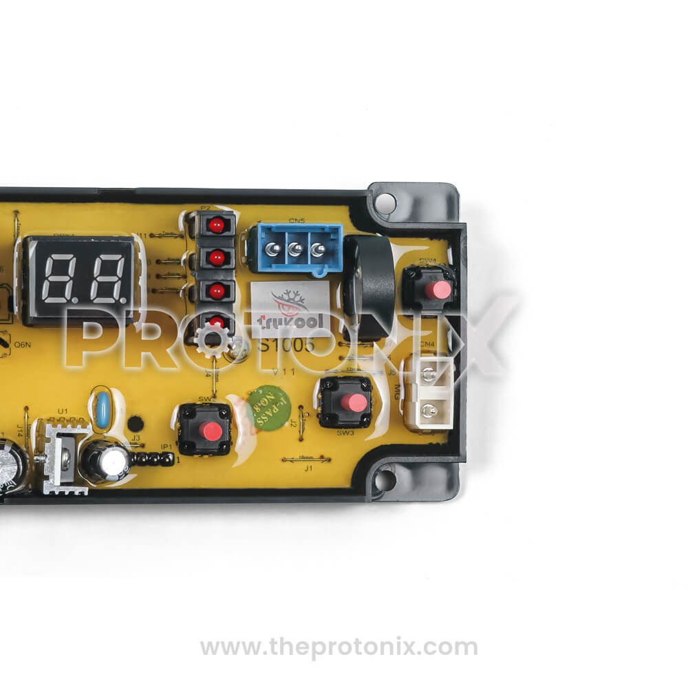 Close up view of Voltas top-load 4-button PCB (S1005) showing control layout