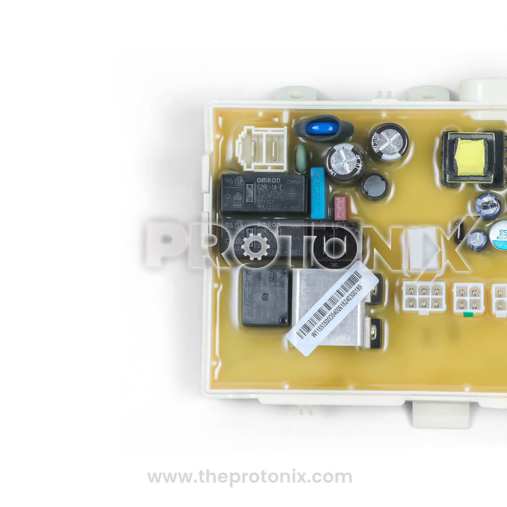 Half close-up of Whirlpool top-load washing machine PCB (W11593500) used for control and power management