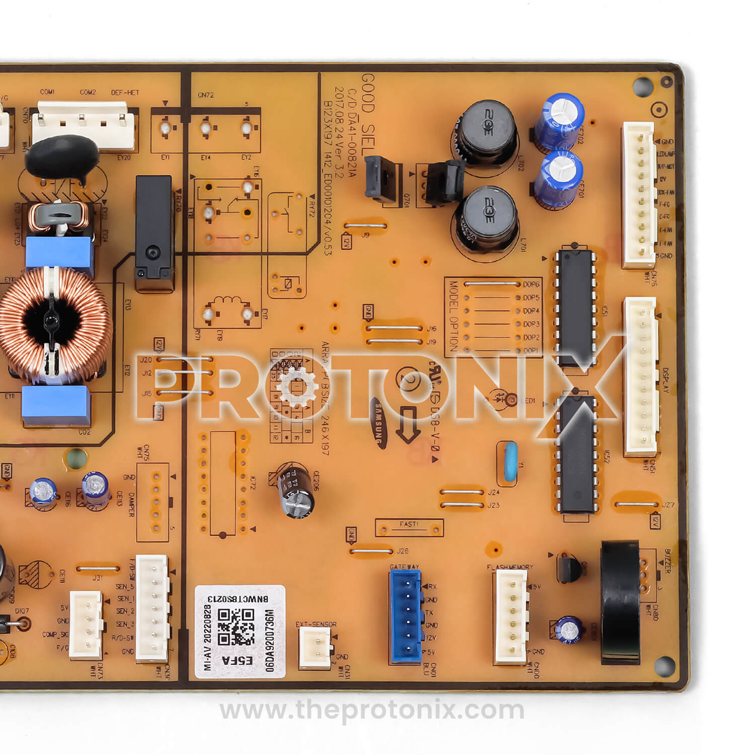 Close-up of part code and other connectors on Samsung refrigerator PCB - DA41-00821A