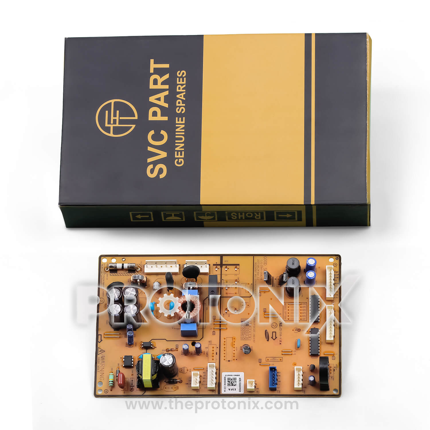 Samsung DA41-00821A refrigerator PCB displayed beside packaging box